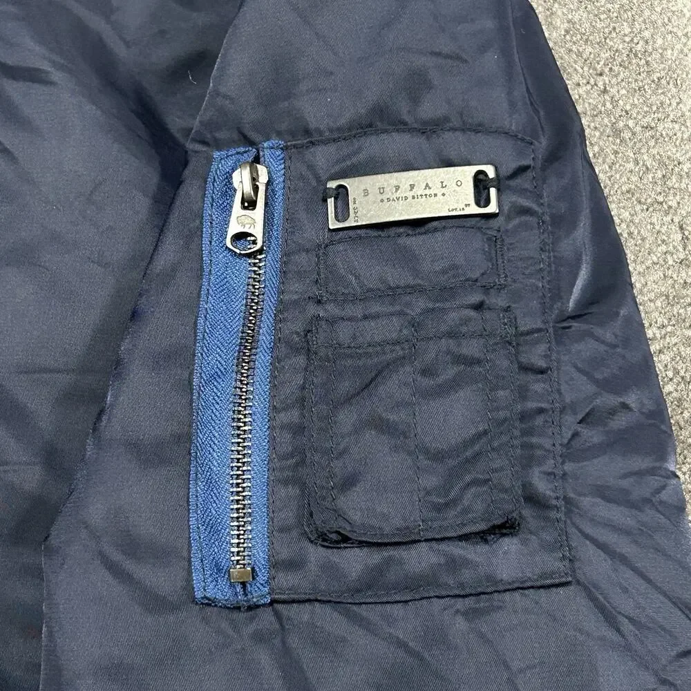 Men LG Buffalo David Bitton Blue Bomber Jacket Zip Elastic Ribbed Waist & Sleeve